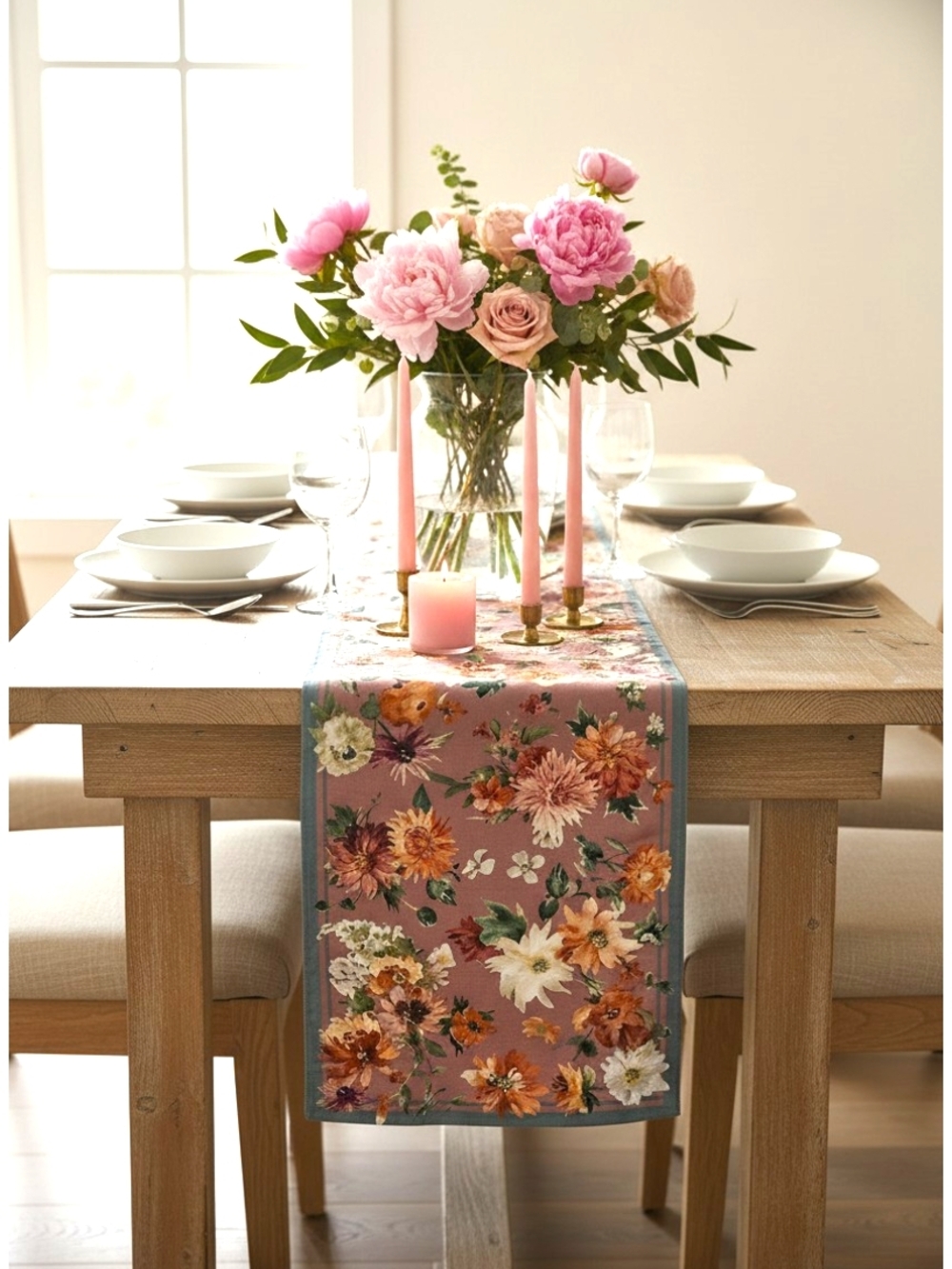 Sur La Table Pink Floral Table Runner 16x108 Mauve Cottagecore EUC